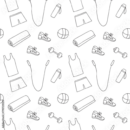 Sports and equipment seamless pattern, vector illustration, hand drawing, doodles