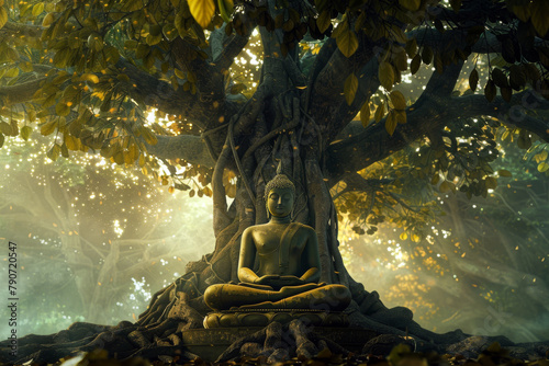 Statue of meditating Buddha under the Bodhi tree, traditional buddhism style, green and golden hues. buddha purnima day. 