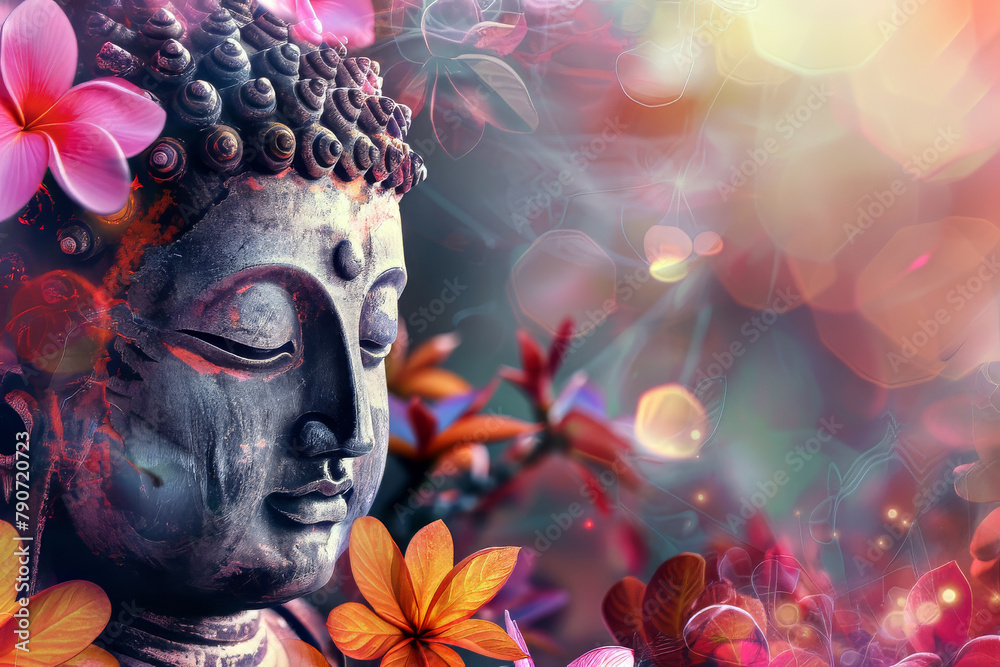 Vesak Day Concept: Buddha's face against abstract flowers on the background. buddha purnima day. Vesak Day Concept: Buddha's face against abstract flowers on the background. buddha purnima day.
