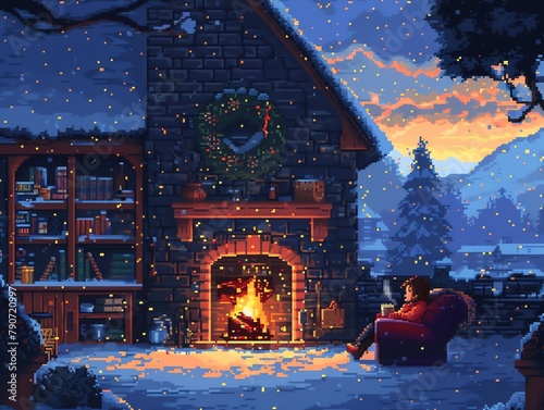 Cozy winter scene in pixel art, girl sipping hot cocoa by a crackling fireplace, snow falling outside