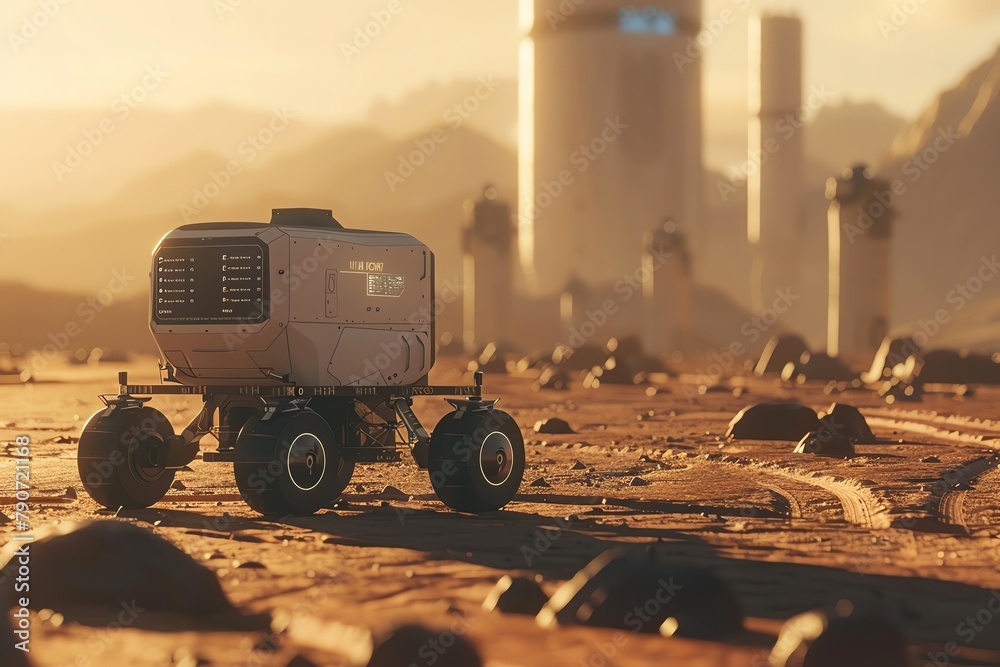 A company using AIpowered robots for package delivery on Mars, futuristic background