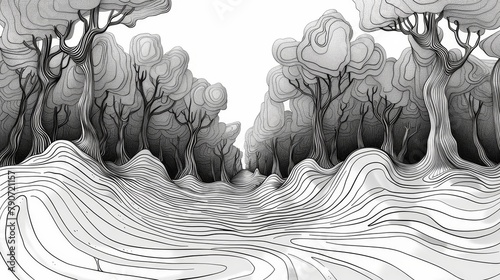 A black and white drawing of a forest with trees and a river