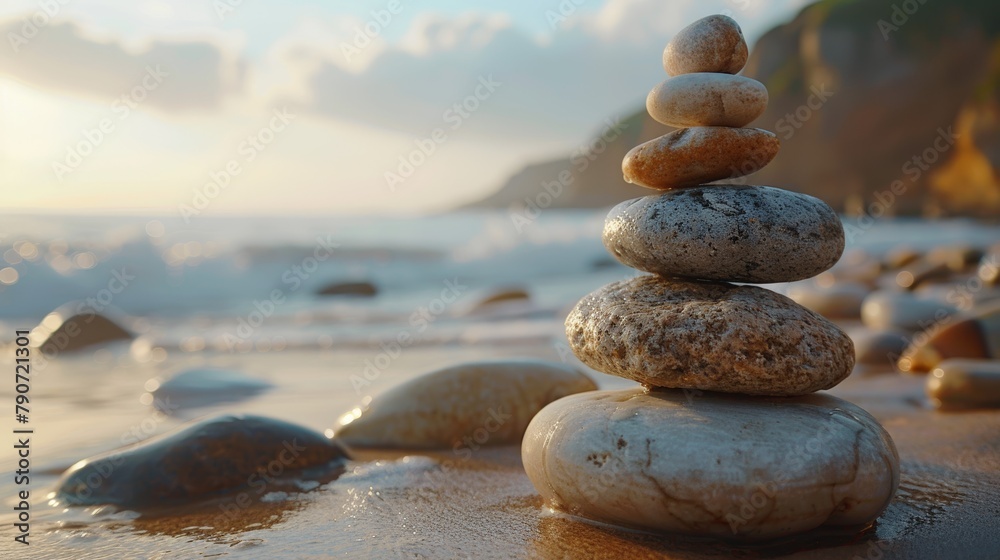 Fototapeta premium Zen Stones Pyramid Sandy Beach Balance Concept