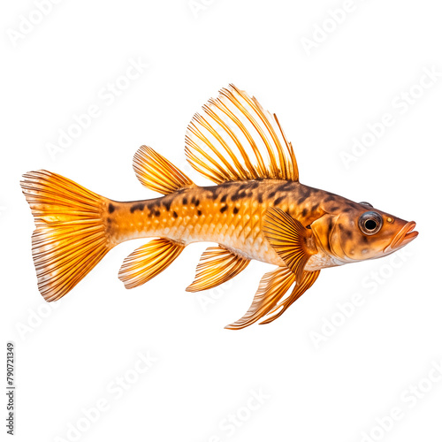 Ancistrus fish isolated on white or transparent background. Close-up of orange fish, side view. A graphic design element to be inserted into a project.