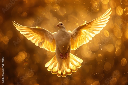 A dove with wings spread wide, bathed in golden light, representing peace and divine presence © Pairat