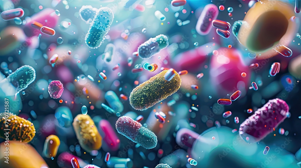 3D illustration of colorful bacteria and pills 3D illustration of colorful bacteria and pills