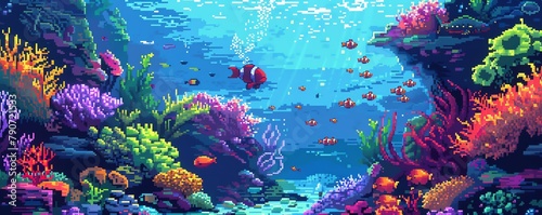 Pixel art of a girl scuba diving near a coral reef with colorful fish swimming around