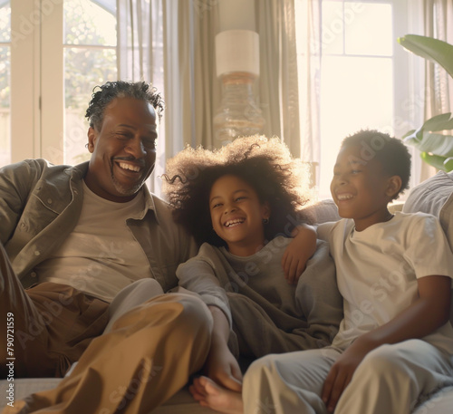 Family joyfully laughing on living room couch, bathed in natural window light.