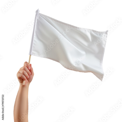 White flag in the hand of a child isolated on a white or transparent background. Close-up of a white flag in hand, side view. Graphic design element. Mockup