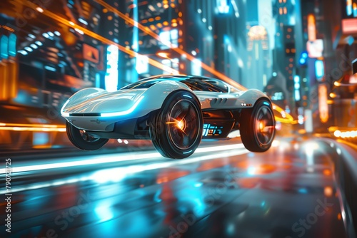 A startup building selfdriving flying cars for urban transportation, futuristic background