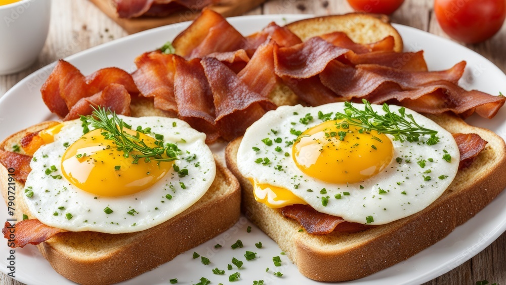 Bacon and eggs on toast, delicious tasty food, perfect breakfast Bacon and eggs on toast, delicious tasty food, perfect breakfast