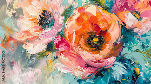 Vibrant blooms of abstract flowers come alive on canvas through expressive oil brushstrokes.