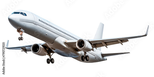 Taking off airplane isolated on a white or transparent background. Close-up of a white airplane, side view. Concept of vacation, traveling abroad. Graphic design element. photo