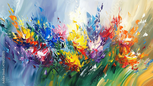 Vivid and dynamic, this abstract oil painting captures the essence of flowers in full bloom.