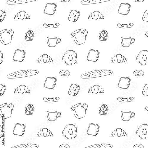 Breakfast seamless pattern, vector illustration, hand drawing, doodles