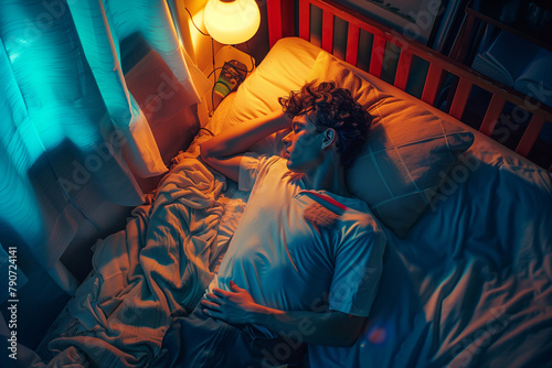 Capturing the tranquility of nighttime  a top-down view of a dashing young man peacefully asleep on his bed  with a cold lamppost light filtering through the window  casting a sere