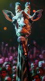 A giraffe is singing into a microphone in front of a crowd of people