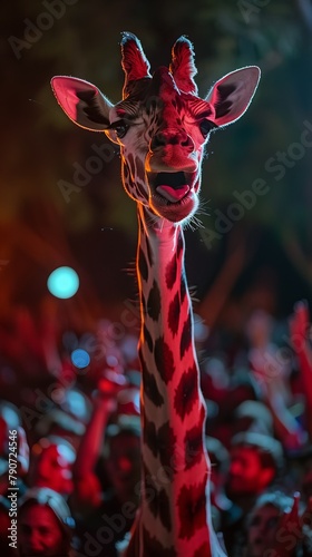A giraffe is standing in front of a crowd of people, with its mouth open