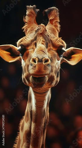 A giraffe is looking at the camera with its mouth open