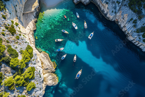 Tourist boats anchored in the breathtaking Stiniva cove, Vis Island, Dalmatia, Croatia, captured from a bird's-eye view by drone.