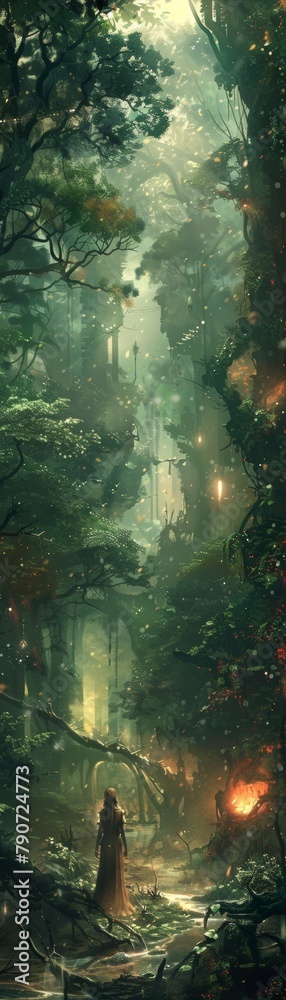 A woman is walking through a forest with trees and vines