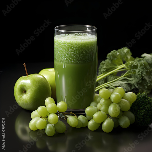 A glass of green juice surrounded by various vegetables including grapes, green apples Maintain health and wellness Because the vegetables are all fresh and nutritious. Generative AI