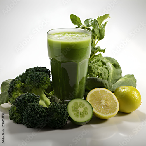 A glass of green juice surrounded by various vegetables For good health. Generative AI