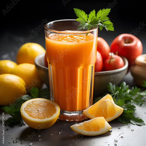 A glass of orange juice with a green leaf on top. The juice is in a glass and there are oranges and lemons on the table  Generative AI