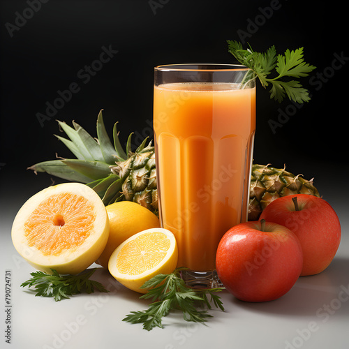 A glass of orange juice with green leaves on top and other fruits around. Generative AI