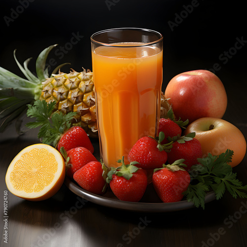 Orange juice glass with fruit juice around it And there's an apple. Strawberries and pineapples are on the table. Generative AI