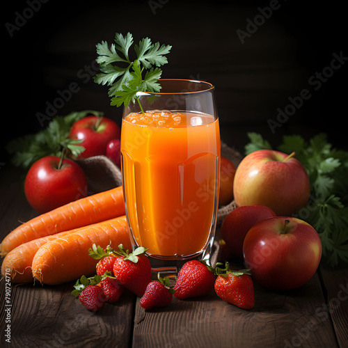 A glass of orange juice with green leaves on top Fruit juice is around and there are apples. Strawberries and carrots are on the table. Generative AI