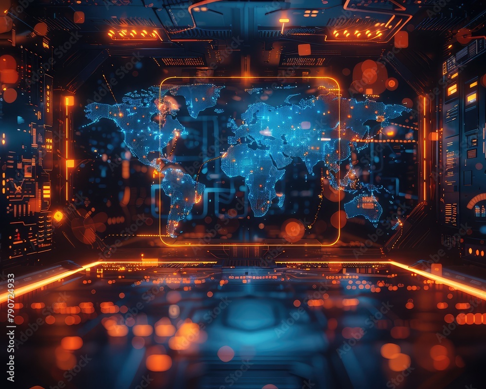The image is a representation of the world map with glowing orange ...