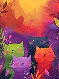 A colorful illustration of four cute cartoon cats, each with different colors and expressions on colorful background.