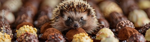 A hedgehog is sitting on a pile of chocolate truffles