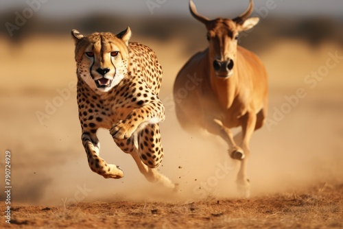 A cheetah sprinting after a gazelle. photo