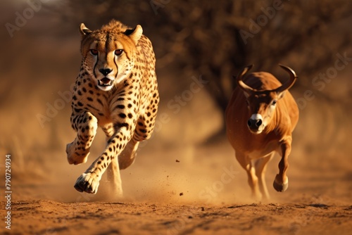 A cheetah sprinting after a gazelle. photo