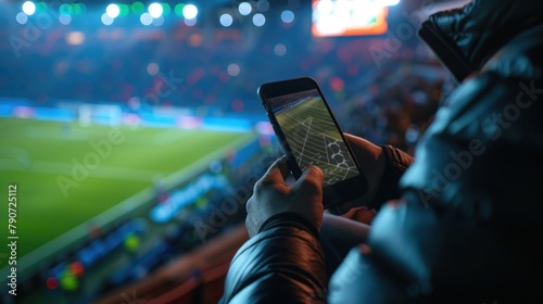 Online soccer bets being placed by a man on his cell phone photo