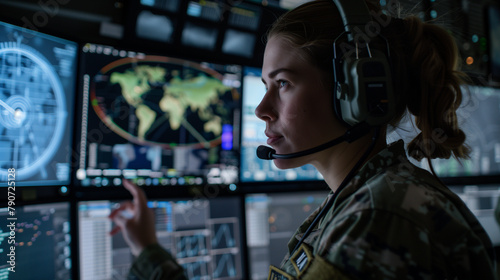 Within a state-of-the-art intelligence fusion center, a composed military woman wears headphones while overseeing data analysis and threat assessments on a comprehensive display sy