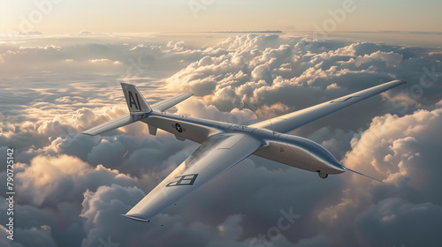 A sleek, futuristic aircraft-type drone soars gracefully against a backdrop of clouds, its metallic surface gleaming with the 