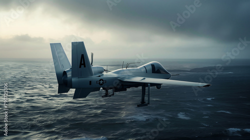 Overlooking a coastal defense zone, an agile military drone adorned with the bold 