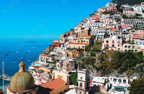 Colorful Positano Coastline Under Sunny Blue Sky in Italy