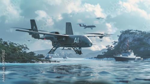 Overlooking a coastal defense zone, an agile military drone adorned with the bold 