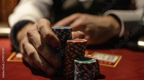 A man holds a stack of poker chips at a casino table, depicting a poker game