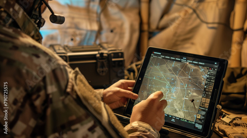 In a tactical command post, military personnel study mission updates on a tablet next to a deployed Starlink antenna, demonstrating real-time data access and communication capabili