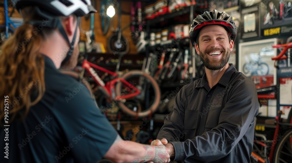 Mechanics shake hands with customers at a big bike shop Mechanics shake hands with customers at a big bike shop
