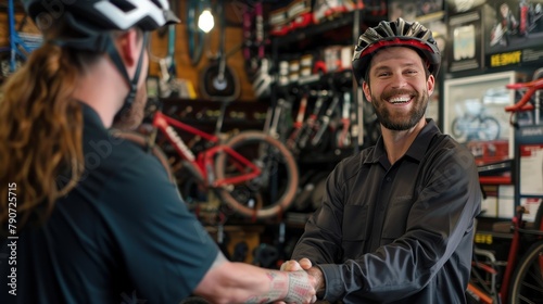 Mechanics shake hands with customers at a big bike shop