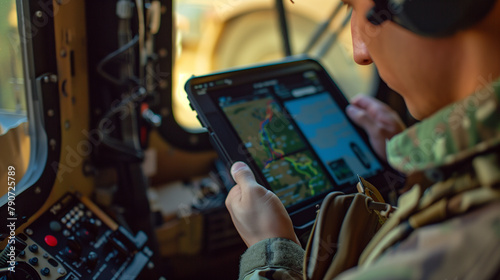 Within a mobile command vehicle, officers monitor real-time updates and operational feeds on a tablet next to a deployed Starlink antenna, showcasing the mobility and adaptability