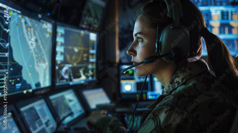Within a secure command post, a dedicated military woman with a headset sits at a sophisticated control station, directing air and ground operations while monitoring live feeds on