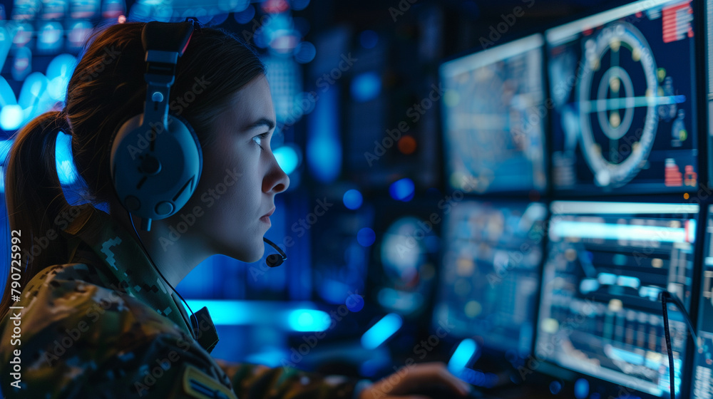 At a remote command facility, a focused female commander wears headphones and reviews intelligence reports on a monitor, orchestrating complex military operations with precision an At a remote command facility, a focused female commander wears headphones and reviews intelligence reports on a monitor, orchestrating complex military operations with precision an