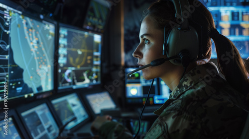 Within a secure command post, a dedicated military woman with a headset sits at a sophisticated control station, directing air and ground operations while monitoring live feeds on